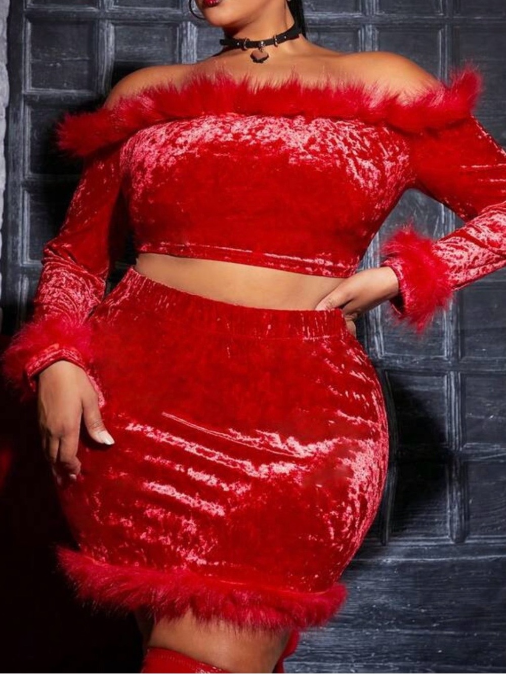 Plus Size Red Velvet Marabou Trim Off-Two Piece Top And Skirt